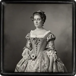 tintype of a beautiful spanish princess with a flower in her hand in a beautiful gown, circa 1 8 5 7