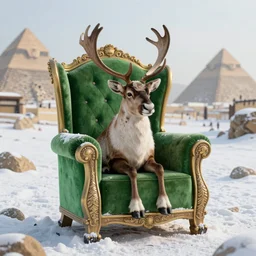 A small reindeer sitting on a green throne in the middle of Egypt in the snow, unreal 5, hyperrealistic, octane render, dynamic lighting