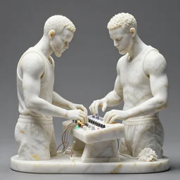 a statue made of white marble with gold veins, of steph curry and klay thompson playing a modular synthesizer with wires and knobs and flashing lights, transhumanism, full body shot, perfect symmetrical body, perfect symmetrical face, hyper realistic, hyper detailed, by johannen voss, by peter kemp, by monia merlo, by michelangelo, by ernst haeckel, octane render, blender, 8 k