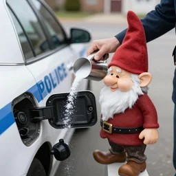 a gnome pouring sugar into a police car's gas tank