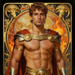 fit brazilian male gladiator, light brown skin, mars planet imagery, digital oil paining by artgerm, greg rutkowski, mucha, portrait | art nouveau ram logo. d & d. ornate intricate detail, complimentary fire colors. sharp edges. clear detailed. 8 k. elegance