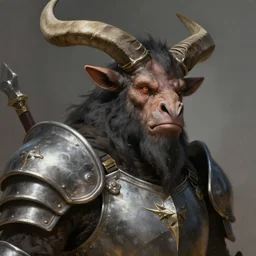 close up portrait of a black haired Minotaur in plate armor, concept art, fantasy painting