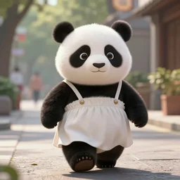 a photo of 8k a cute humanoid panda in a dress walking down a sunny street, cinematic lighting, trending on artstation, 4k, hyperrealistic, focused, extreme details, unreal engine 5, cinematic, masterpiece