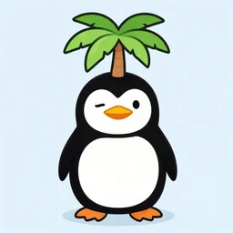 penguin with a palm tree growing on its head, cartoon style
