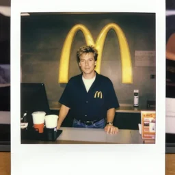 alex trebek working the front counter of mcdonald's ready to take your order, eighties polaroid, flash photography, photorealistic, kodachrome