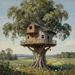 painting of a tree house in a landscape in the style of beksinski, hyper realistic, detailed