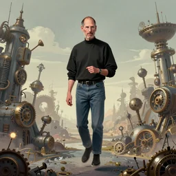 mid - shot of steve jobs floating in the air at the centre of the composition, steampunk landscape, illustration, high detail, artstation