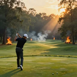 close-up of an athletic golf player on a stunning landscape lush golf course, magical light, golden hour, surrounded by burning forests, smoke from the fire, digital painting, 4k, forest ray light, particles light, by sasha kalinkin, Noah Bradley, ilya kuvshinov