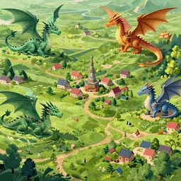 Green landscape of a magical world where dragons of all colors reign, with small villages scattered everywhere, highly detailed, trending on artstation