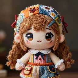 a fumo plush girl stitched together from mismatched materials, kawaii