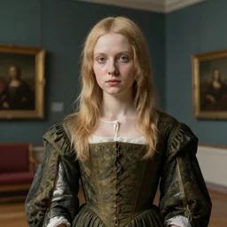 museum painting, medium shot, pale handsome young woman age of 3 0, big eyes, dirty - blonde hair, tied, straight shoulder - length! hair, dress of 1 7 th century, living room, studio lighting, sharp focus, highly detailed, digital art, matte painting, masterpiece, artgerm, rutkowski, botticelli, mucha, leyendecker