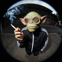fisheye lens Gollum in adidas tracksuit smokes cigarette