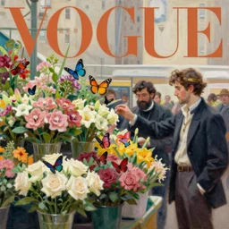 flower market, new york city, vogue magazine, greg rutkowski, john singer sargent, anime, trending on artstation, oil painting, butterflies, intricate