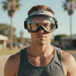 a beautiful portrait of a bloke wearing geordi la forge's visor and a tank top, on a hot australian day, high quality, photography, volumetric lighting, 8 k