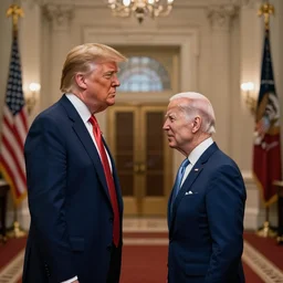 symmetry!! donald trump and joe biden looking at each other in a hall, evil, very detailed, perfect lighting, perfect composition, 4 k, artgerm, derek zabrocki, greg rutkowski