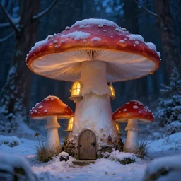 toadstool fairy house in twilight forest snow. soft light, illuminated windows. extreme fine detail background, highly detailed, cinematic, high quality, digital painting, hyperrealistic, by gaston bussiere, j. c. leyendecker, craig mullins