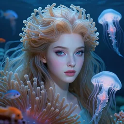 princess of sea anemones, gorgeous, realistic face, detailed anemone hair, jellyfish, artgerm, edouard bisson, translucent, 8 k portrait render, 🌊, 🐠, artstation, ultra realistic, cinematic lighting, painterly