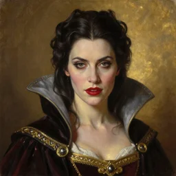 Riveting high society regal female vampire portrait, atmospheric lighting, painted, intricate, volumetric lighting, beautiful, rich deep colors masterpiece, golden hour, sharp focus, ultra detailed, by Leesha Hannigan, Ross Tran, Thierry Doizon, Kai Carpenter,Ignacio Fernández Ríos