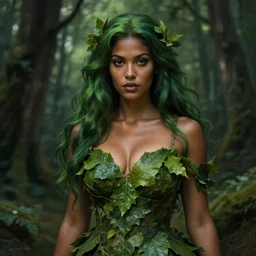 portrait of a forest mage, female, dress made of green leaves, gorgeous face, green hair, brown skin, curves, forest background, highly detailed, smooth, sharp focus, chiaroscuro, digital painting, artgerm and greg rutkowski and alphonse mucha
