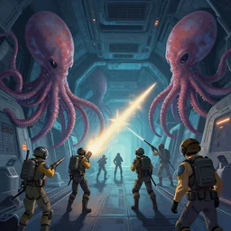 space soldiers shoot at giant alien squids inside the corridors of spaceship, cinematic, vector behance hd jesper ejsing, hyper detailed, digital painting, artstation, concept art, art by artgerm and rhads and makoto shinkai and lois van baarle and ilya kuvshinov and rossdraws, 8 k