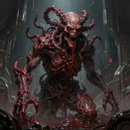 concept art by greg rutkowski, a hideous monster in the shape of a gorgon made of twisted flesh and reddish ooze, claustrophobic and futuristic, brutalistic environment, scifi, detailed and intricate environment, high technology, highly detailed portrait, digital painting, artstation, concept art, smooth, sharp foccus ilustration, artstation hq.