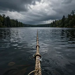 centered photograph of a long rope snaking across the surface of the water, floating submerged rope stretching out towards the center of the lake, a dark lake on a cloudy day, mood, trees in the background, hyperedetailed photo, anamorphic lens