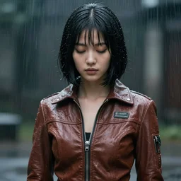 youthful asian blade runner demure, 3 5 mm, exquisite features, feminine cut, eyes shut, extremely detailed, 8 k, 1 9 7 0's frontiers in flight leather suit, roger deakins, pouring rain