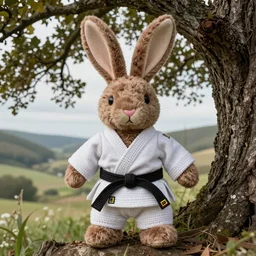 a chocolate plush rabbit hand stitched with love and showing signs of years of wear and tear now sat alone and wearing an old crochet karate uniform beneath an old oak tree above a small valley, photography, photorealistic, national geographic