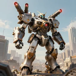A steampunk-style mech with machine guns, rocket launchers, and lasers towering over a city