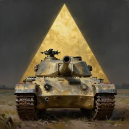 close shot of a war tank in a field, rule of thirds, golden triangle, masterpiece by jamie hewlett, intricate, elegant, highly detailed, oil painting, concept art, smooth, sharp focus, illustration, eerie beautiful cinematic, thomas lawrence, gurney,