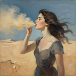 woman exhales the dry dessert air as the wind howls all around, abstract surrealistic art in the style of picasso and georgia o keefe