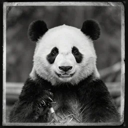 tintype photo, panda, smiling