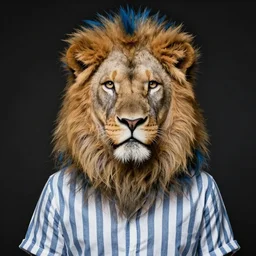 humble, lion, blue hair, verticle striped shirt