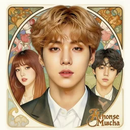 hyper-realistic detailed portrait of Jungkook from BTS Alphonse Mucha, Ayami Kojima, Amano, Charlie Bowater, Karol Bak, Greg Hildebrandt, Jean Delville, Pablo Picasso and Mark Brooks, Art Nouveau, Neo-Gothic, gothic, iridescent deep colors