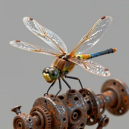 a macro photograph of a dragonfly made of rusty machine parts by adam gor, 3 d, trending on artstation, octane render, 8 k