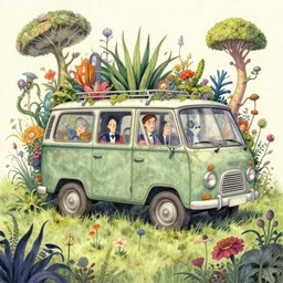ultra detailed digital pencil and watercolors and illustration of the vehicle surrounded by unusual plants and flowers grow from below by wes anderson, tim burton, tomm moore, jean pierre jeunet ; 4 k 8 k hd high resolution ;