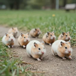 photo of a hamsters walking in a park, cinematic color grading, various poses, soft light, faded colors, well framed, sharp focus, 8 k