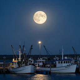 a harvest moon in the sky over a fishing boat harbor, fishing boats docked, a few street lights, in the style of Jordan grimmer