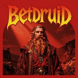 bearded druid, stoner druid, stoner rock album cover, red album cover, acid font, psychedelic font, heavy metal album cover, 7 0 s psychedelic blues rock album cover, acid rock album cover, 6 0 s font