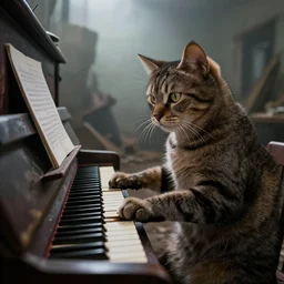cat playing piano in a post apocalyptic world, cinematic and very detailed, 8k hdr
