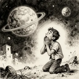 a man astonished by an alien planet, sketch