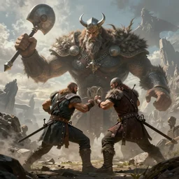 viking fighting against a giant fantasy art, matte painting