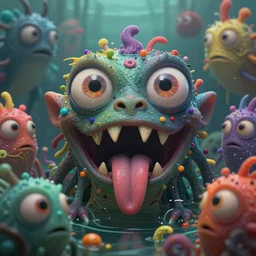 intricate colourful murky with strange cute friendly angry crazy creatures with huge beauty eyes / / / long tongue triangle teeth and scary face appearing from the water, in the style of craola, shallow depth of field, highly detailed, digital painting, trending artstation, concept art, illustration, cinematic lighting, vibrant colors, photorealism, epic, octane render