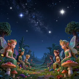 dream stars in the sky, fairies with detailed faces, enchanted forest, mushrooms on the ground, psychedelic, wide angle shot, white background, vector art, illustration by frank frazetta