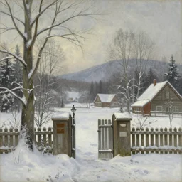 he gateway into winter, cottagecore, by Simon Stålenhag and Albert Bierstadt, oil on canvas