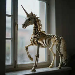 a skeleton of a unicorn looking over a window, dramatic lighting cinematic