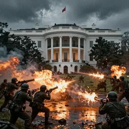 trench warfare around the White House, soldiers firing trying to defend the White House, war, explosions, heavy machine gun fire, flame and fire, unreal engine, octane render, cinematic, epic, rainy stormy night, chaotic, 8k, ultra detailed, Artstation, Trending on Artstation, Artstation HQ, Artstation HD, deviant art, Pinterest, digital art, reflections,