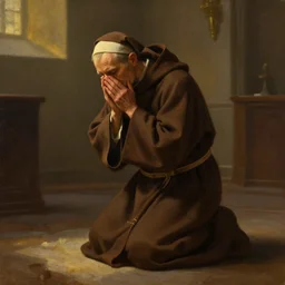 oil painting of a weeping tonsured dominican monk in a brown habit, kneeling in a dark empty chapel, hazy, digital art, artstation, cinematic, golden hour, digital art painting by greg rutkowski, cozy atmosphere, cinematic lighting