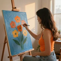 slim woman with long dark hair painting flowers on a canvas. Vintage blue and orange 60s room. sunset lighting.