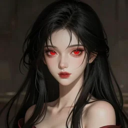 a beautiful girl with long black hair and red eyes, fantasy, sharp focus, intricate, elegant, digital painting, artstation, matte, highly detailed, ambient lighting, portrait by Studio Ghibli, Rossdraws, artgerm, Ilya Kuvshinov, and Greg Rutkowski